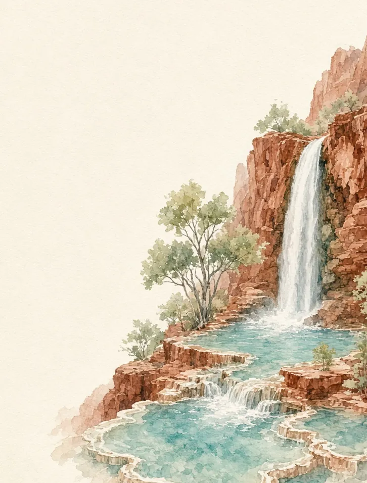Watercolor of Havasu Falls spilling over turquoise terraces