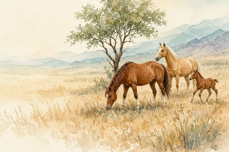 Watercolor of a mare, a palomino and a foal grazing beneath a mesquite tree